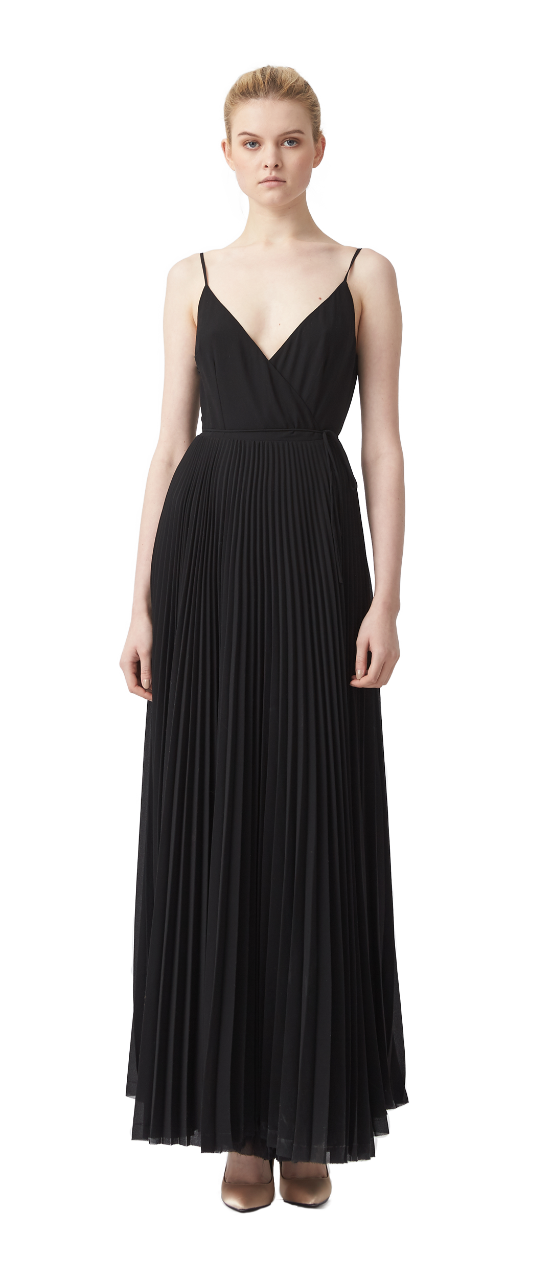 pleated wrap maxi dress